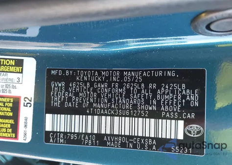 2025 Toyota Camry Xse/Xle/Le/Se z USA, uszkodzony, nr VIN 4T1DAACK3SU612752